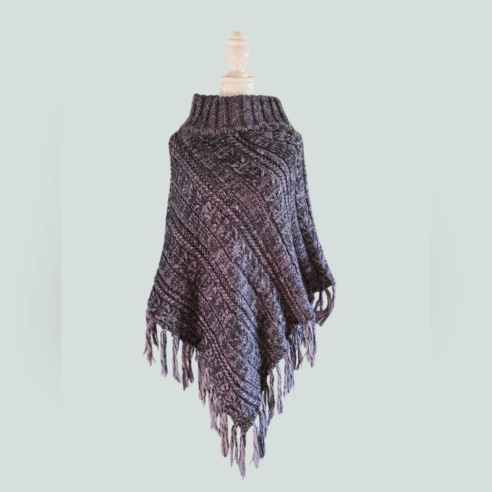 Time and Tru Black & Grey Knit Poncho with Fringe